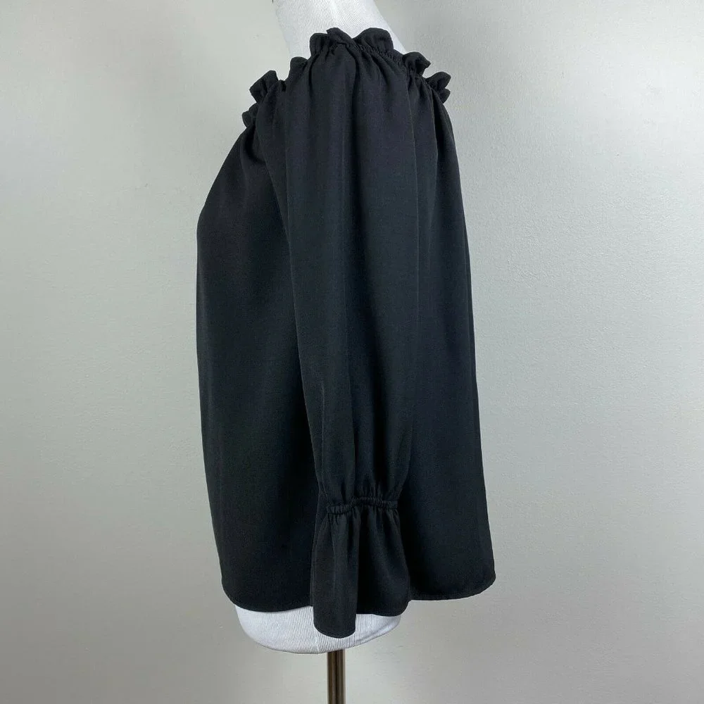 Lulus Top S Off The Shoulder Black Ruffle 3/4 Sleeve Solid Dressy Blouse - Picture 7 of 10